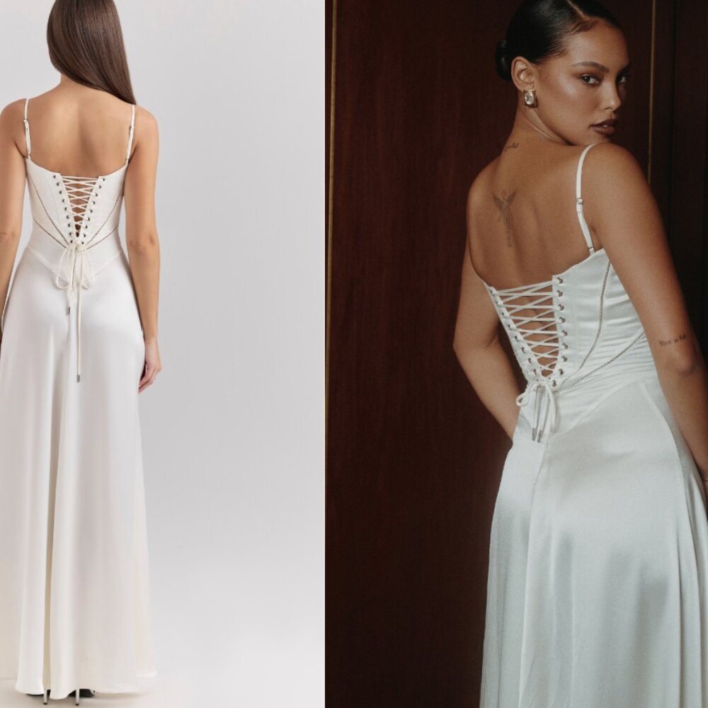 House of CB 'Anabella' Ivory Satin Lace Up Maxi Dress NWOT - Picture 3 of 8